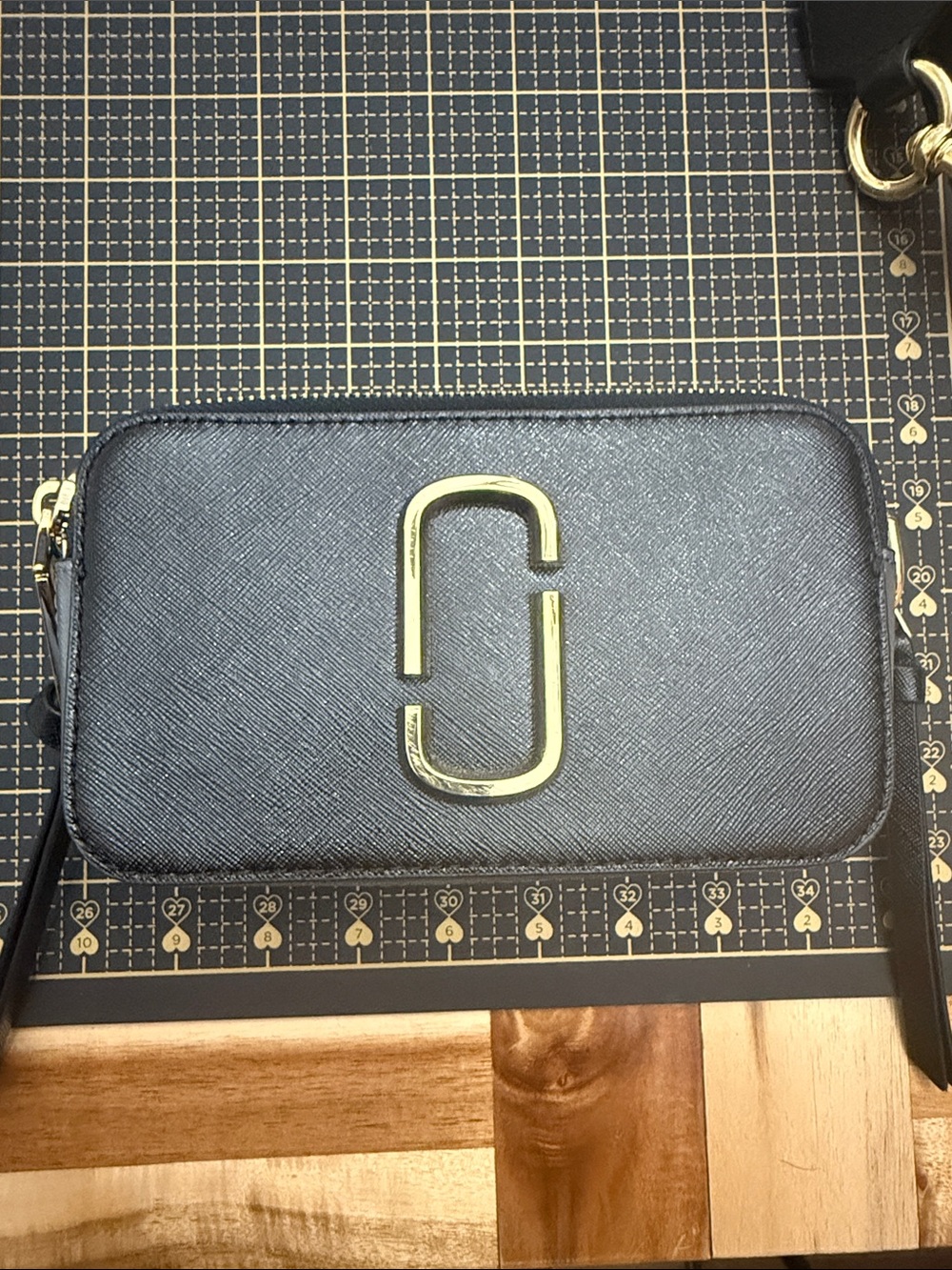 Marc Jacobs Black Saffiano Leather Double J Crossbody Wallet with Gold Hardware